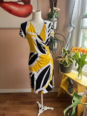 Vintage 90s Yellow Black White Wrap-Style Leaf Print Mini Dress, Sz M
